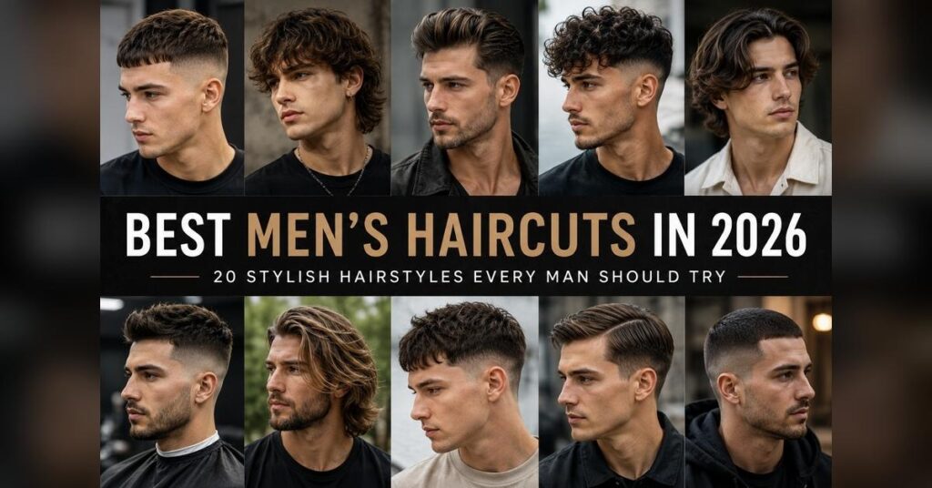 Best men’s haircuts in 2026 featuring modern fades, textured crops, longer layered styles, and classic hairstyles.
