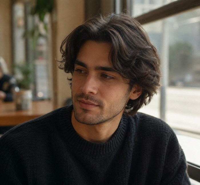 Fictional man with a medium-length curtains hairstyle and soft face-framing layers.