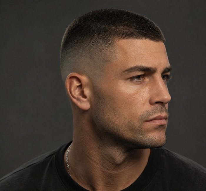 Fictional man with a short buzz cut and clean faded sides.