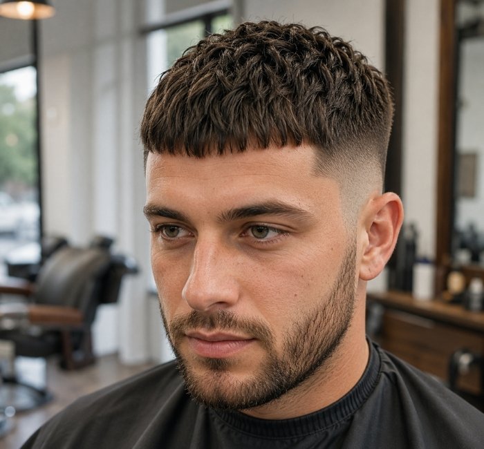 Fictional man with a French crop, short forward fringe, and tapered sides.