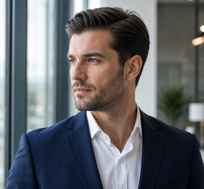 Fictional man with a classic side part haircut and neatly tapered sides.