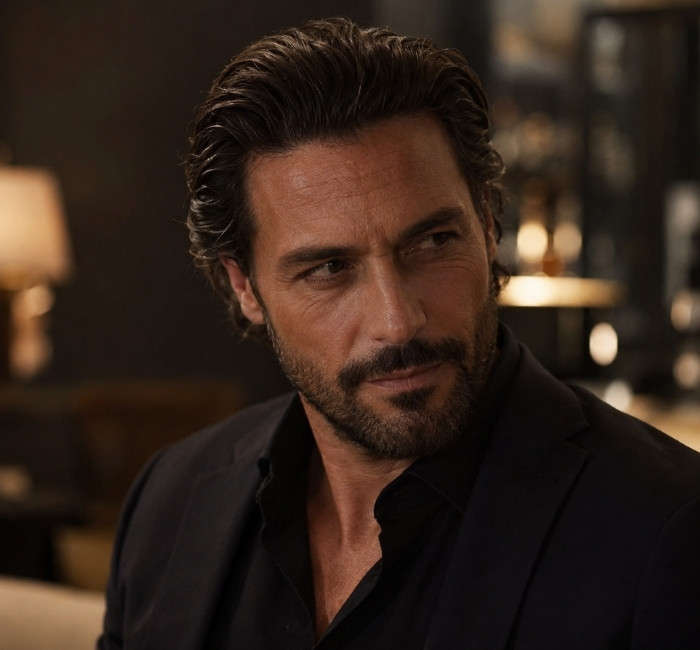 Fictional man with medium-length hair styled smoothly into a slick back hairstyle.