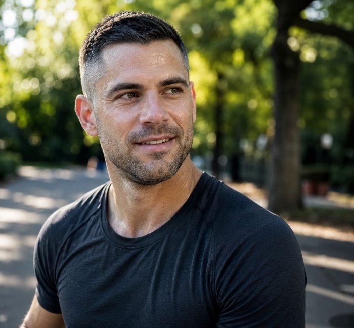 Fictional man with a clean crew cut, short sides, and slightly longer hair on top.