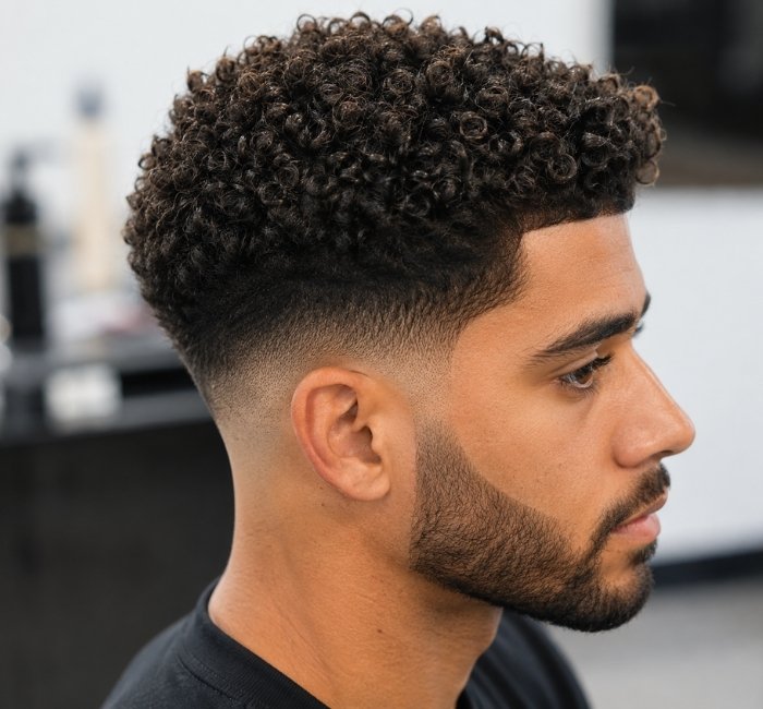 Fictional man with natural curls on top and a clean fade around the sides.