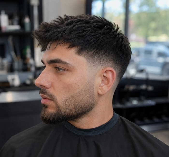 Fictional man with a clean low taper fade and textured hair on top.