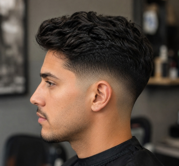 Side profile of a man with a clean mid fade and wavy textured top