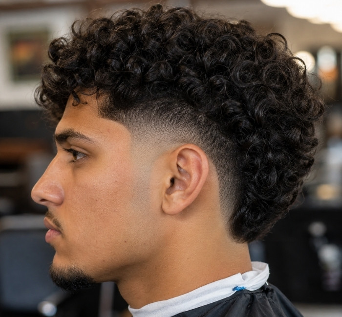 Curly burst fade forming a clean semicircle around the ear