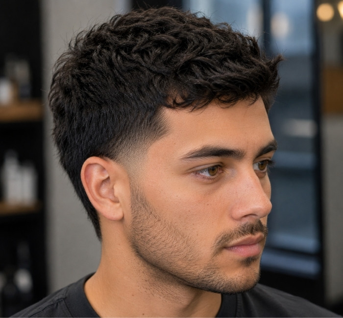 Subtle temple fade with medium-length textured hair