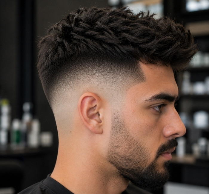 Man with a razor-clean bald fade and dense textured hair