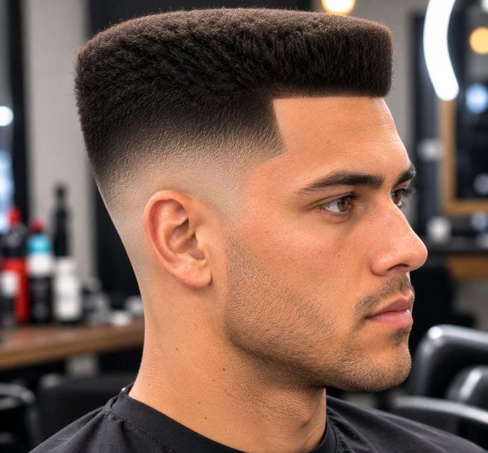 Frisco fade haircut with sharp sides and a geometric flat top