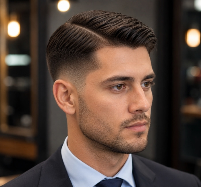 Professional Ivy League haircut with a low-to-mid fade and side part