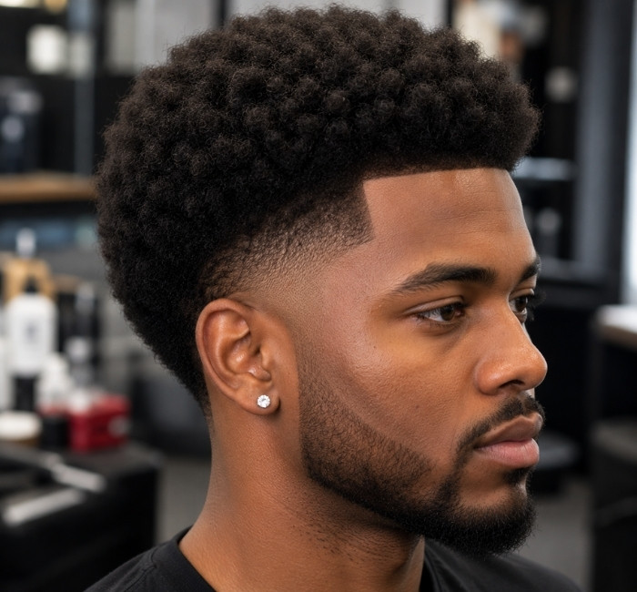 Black man with a low afro fade and rounded natural coily hair