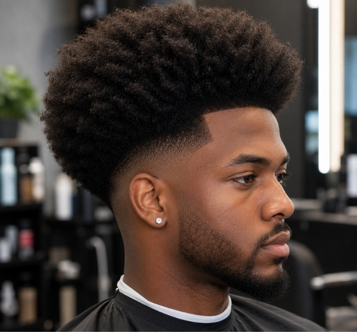 Blowout fade with a tall rounded top and natural coily texture