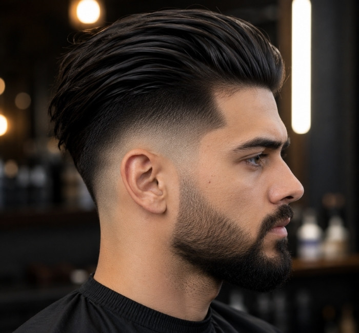 High undercut fade with long hair styled smoothly backward