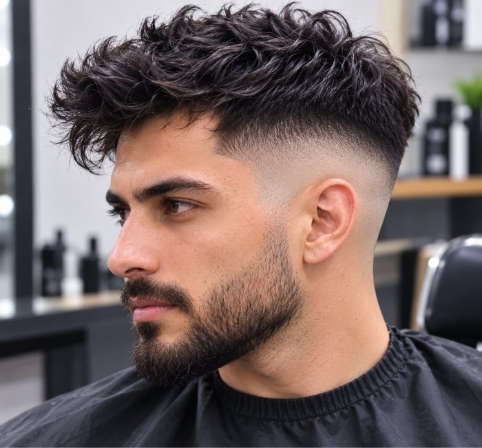 Man with a dramatic high fade and voluminous messy textured hair