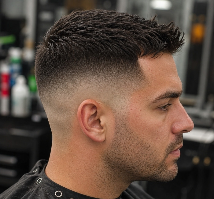 Razor-finished mid fade with crisp sides and a textured top