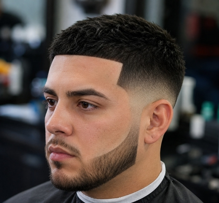 Mid fade with a sharp line-up and precisely shaped front hairline