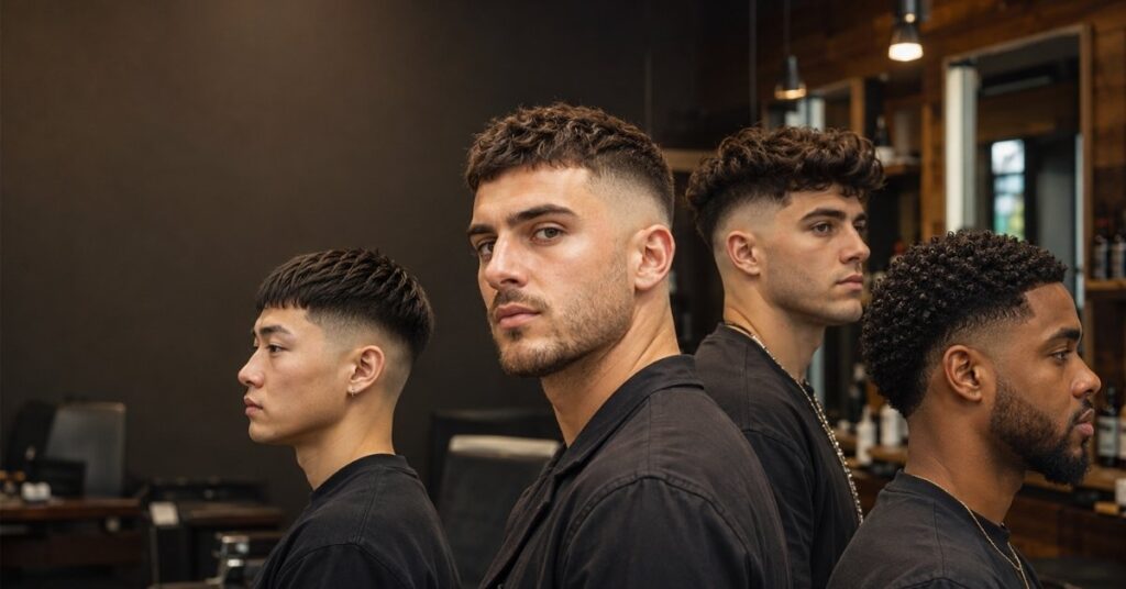 Four men displaying low, mid, high and burst fade haircuts in a modern barbershop