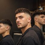 Four men displaying low, mid, high and burst fade haircuts in a modern barbershop