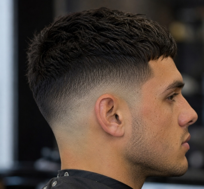 Side view of a low skin fade with a short textured crop