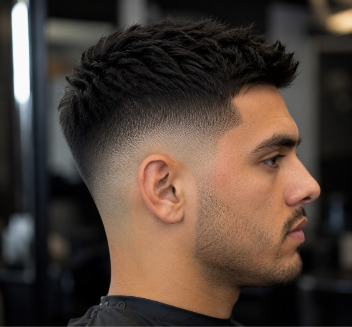 Man with a balanced mid skin fade and short textured hair