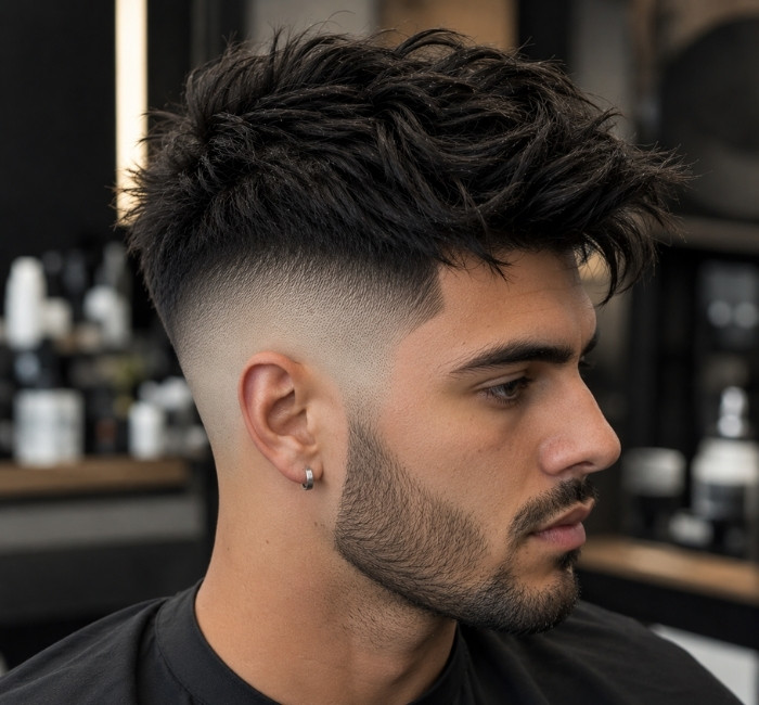 High skin fade haircut with a thick voluminous textured top