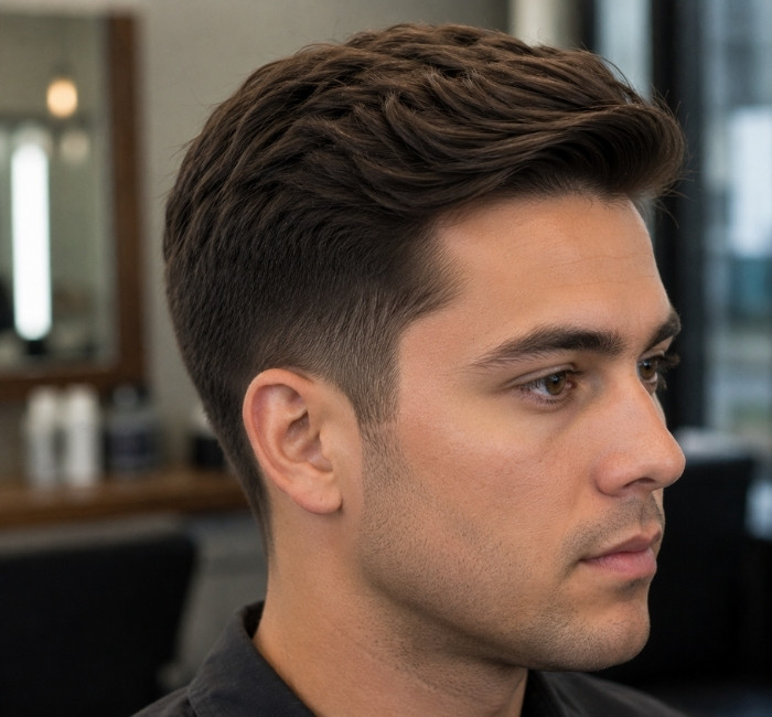Professional low taper fade with a clean side-swept hairstyle