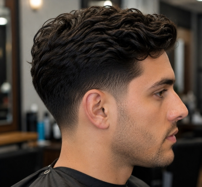 Man with a mid taper fade and relaxed wavy hair on top