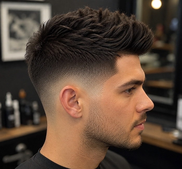High taper fade with a thick and naturally textured top
