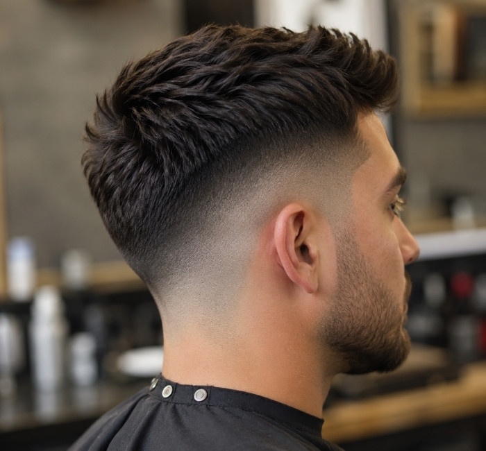 Side and back view of a curved drop fade haircut