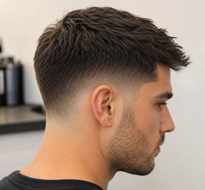 Man with a professional low fade and naturally textured dark hair