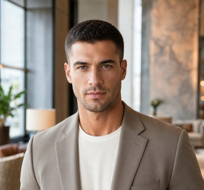 Handsome male model with a structured crew cut featuring short sides and slightly longer hair on top for an easy everyday style.