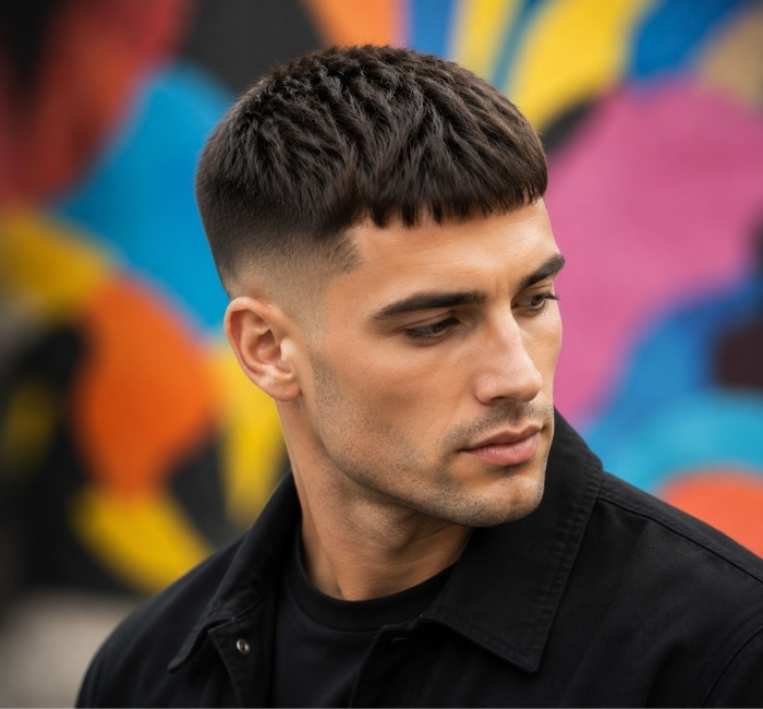 Male model with a French crop and fade haircut featuring a short textured fringe and neatly faded sides.