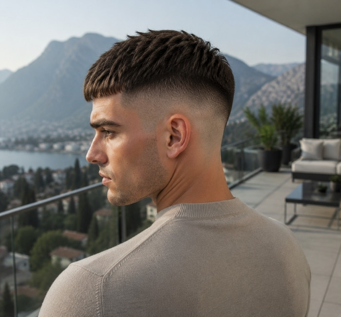 Stylish male model with a textured crop and skin fade haircut showing a sharp contrast between the choppy top and faded sides.
