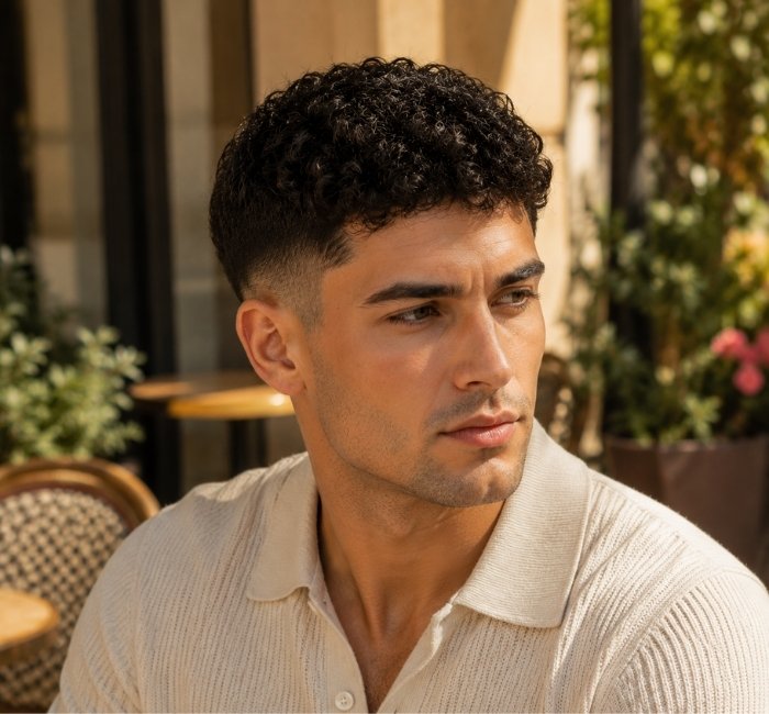Male model with a curly top and low fade haircut featuring natural curls with a clean blended fade around the sides.