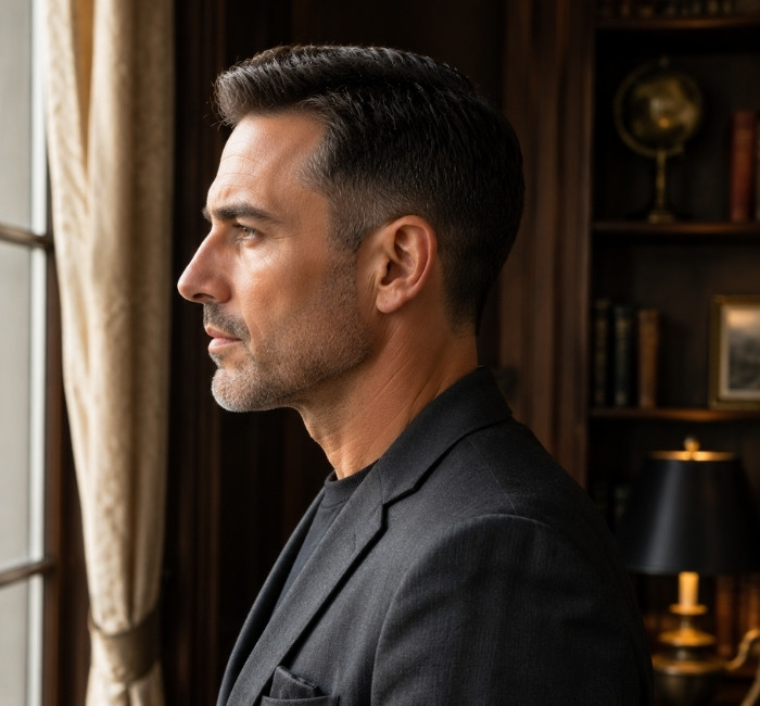Male model with a classic taper haircut featuring smoothly shortened sides and a natural professional hairstyle.