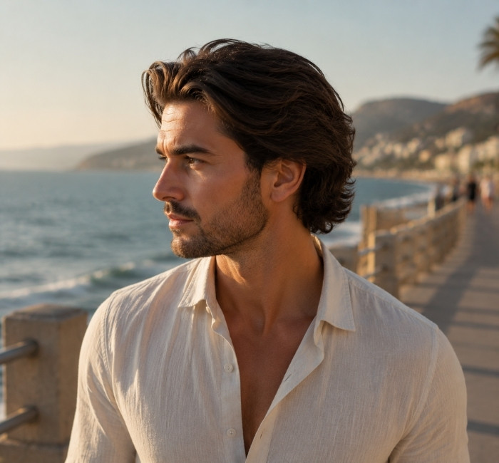 Elegant male model with a medium-length bro flow hairstyle swept naturally backward with relaxed movement.