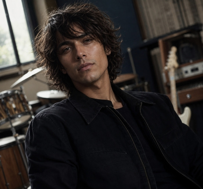 Male model with a medium-length shag haircut featuring soft layers, natural texture and effortless volume.