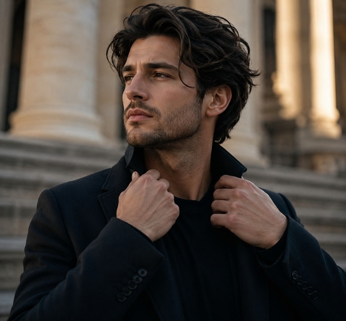 Stylish male model with a messy brush back hairstyle featuring textured hair swept away from the forehead.