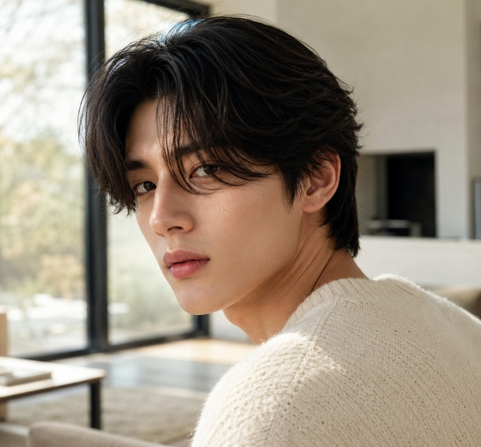 Male model with a layered curtain haircut featuring a natural middle part and soft face-framing layers.