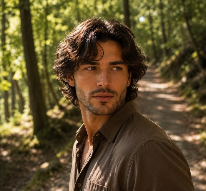Male model with a natural wavy hairstyle featuring layered waves and an effortless textured appearance.