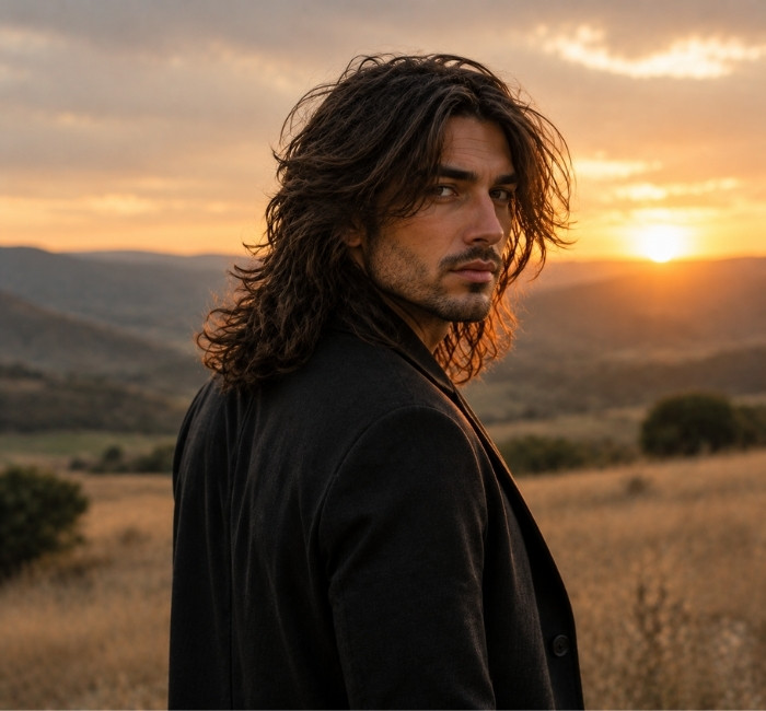 Male model with long layered hair featuring flowing textured layers and a natural low maintenance hairstyle.
