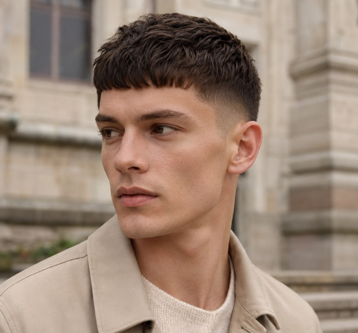 Male model wearing a modern French crop haircut with textured top hair and a short natural fringe across the forehead.