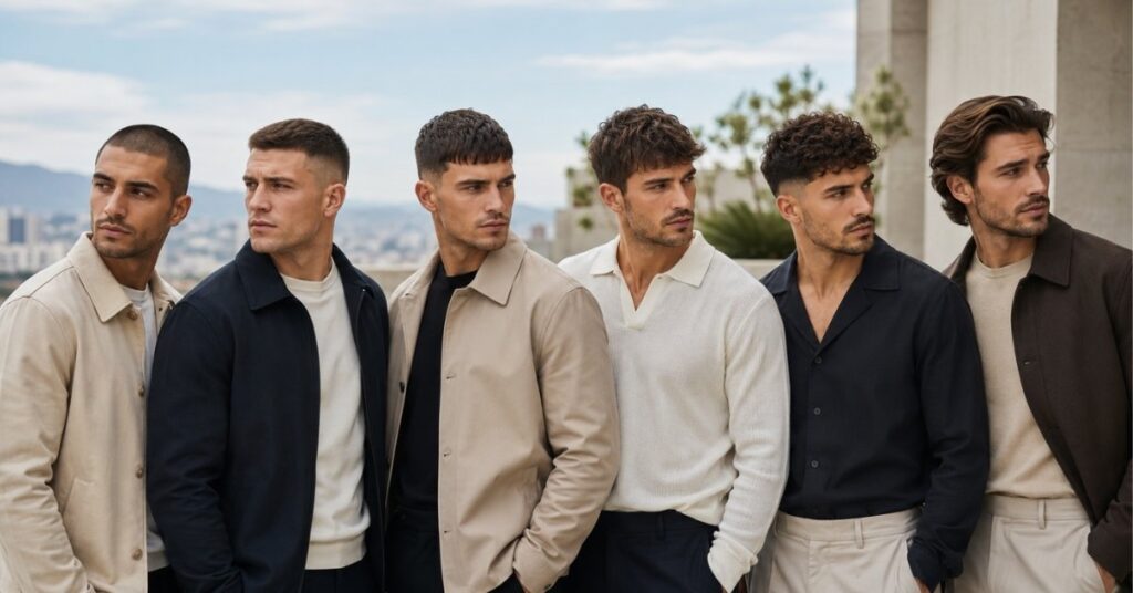 Six handsome male models showcasing different low maintenance haircuts for men including buzz cut, crew cut, French crop, textured crop, curly fade, and bro flow hairstyles.