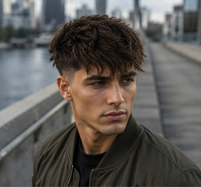 Stylish male model with a textured crop haircut featuring choppy layers, hair separation and a relaxed low maintenance finish.