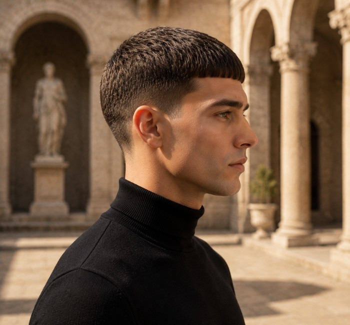 Male model with a classic Caesar cut hairstyle featuring short even hair and a soft horizontal fringe.