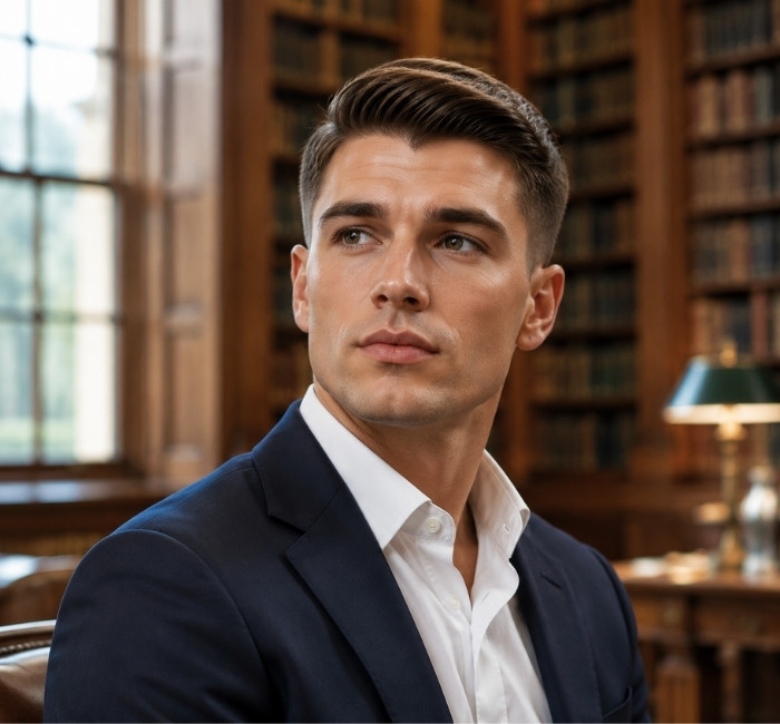 Professional male model with an Ivy League haircut featuring a neat side sweep and polished short hairstyle.