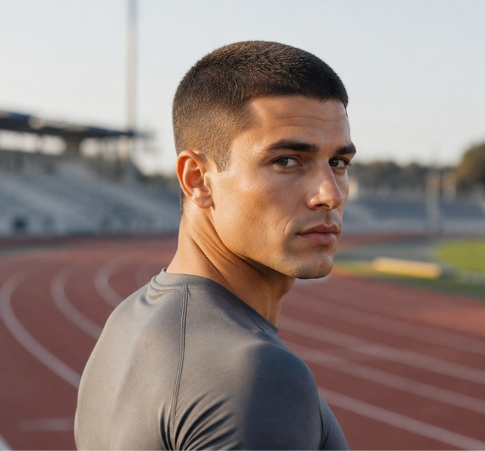 Male model with a practical butch cut featuring evenly trimmed short hair and a clean masculine appearance.