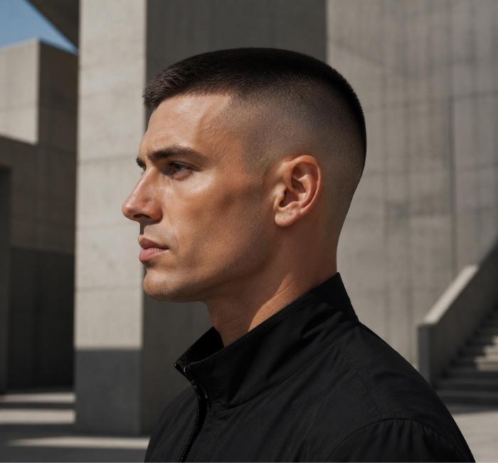 Male model with a high and tight haircut featuring very short faded sides and a structured short top.