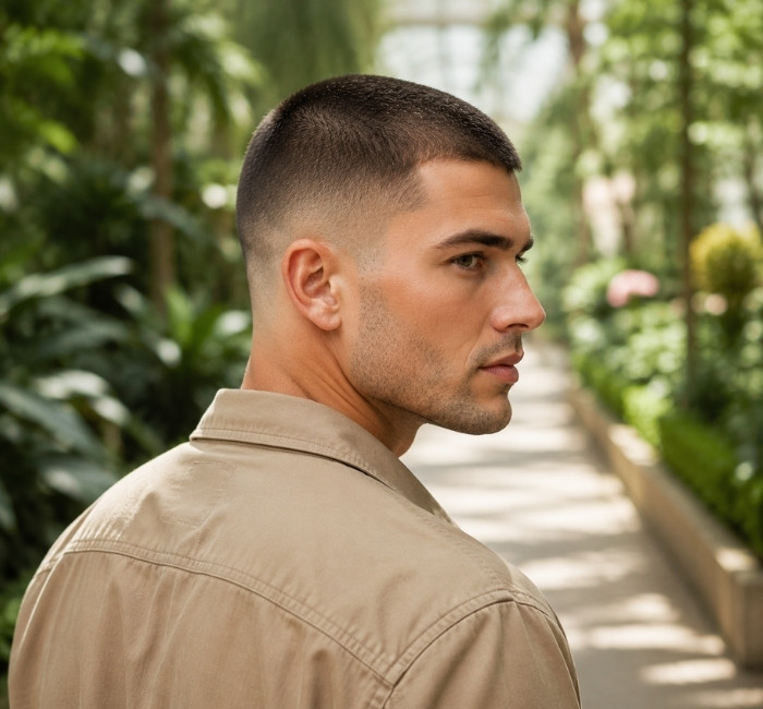 Male model with a buzz cut and fade hairstyle featuring ultra-short hair on top with smoothly blended faded sides.